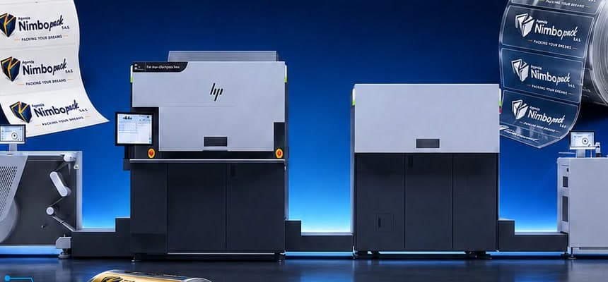 Prensa digital HP Indigo 6K+ imprimiendo etiquetas en rollo